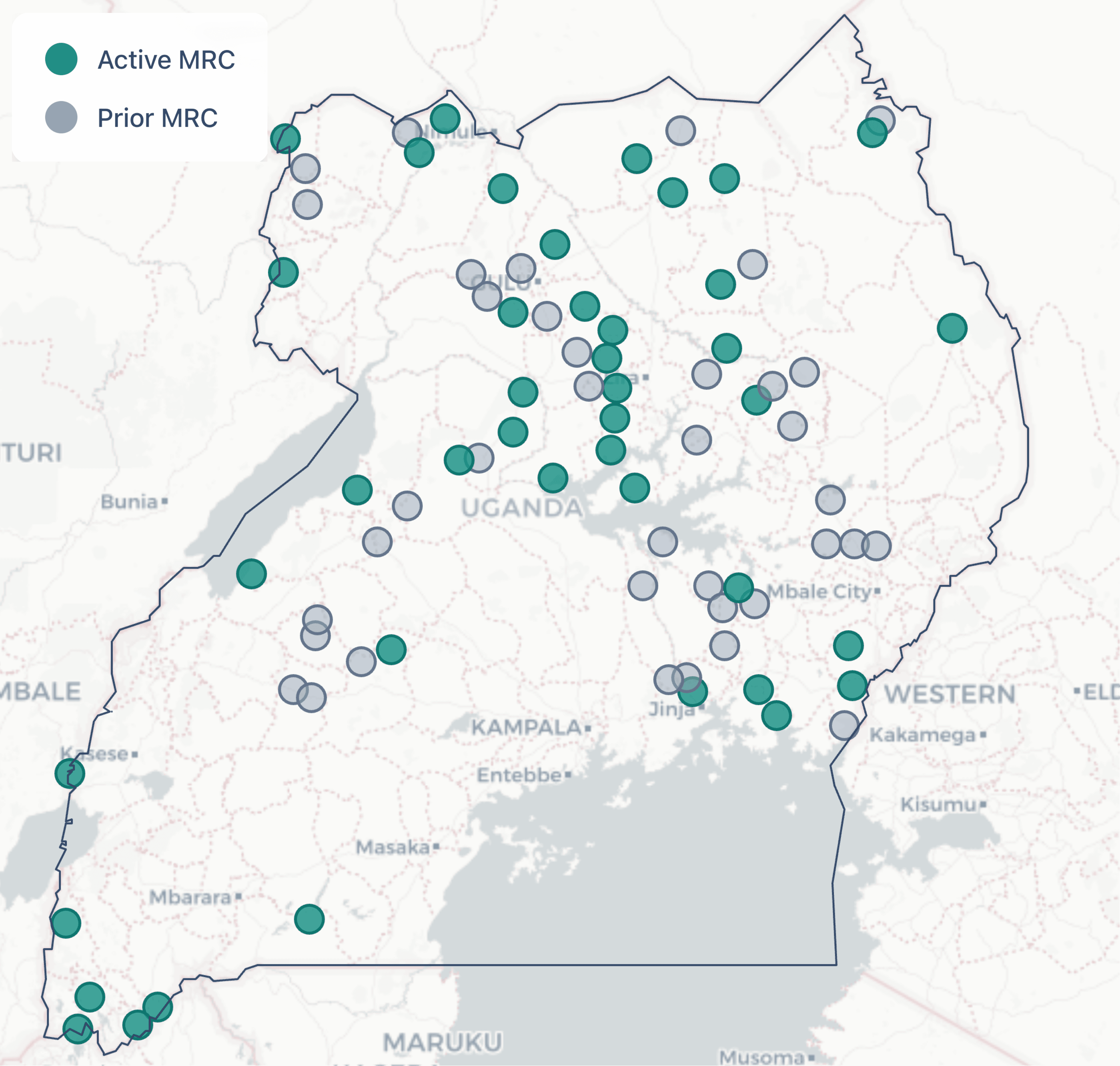 Map of active and prior Malaria Reference Centers across Uganda